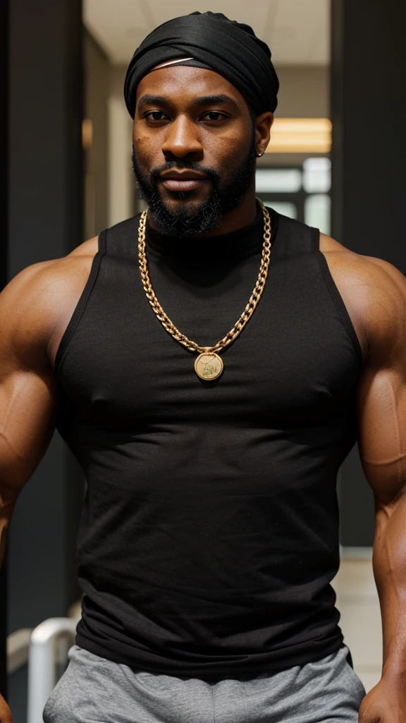 black man, buff, muscular, healthy, in his 30's, black bandana, gray trunk shirt, thin gold chain, beard, face front