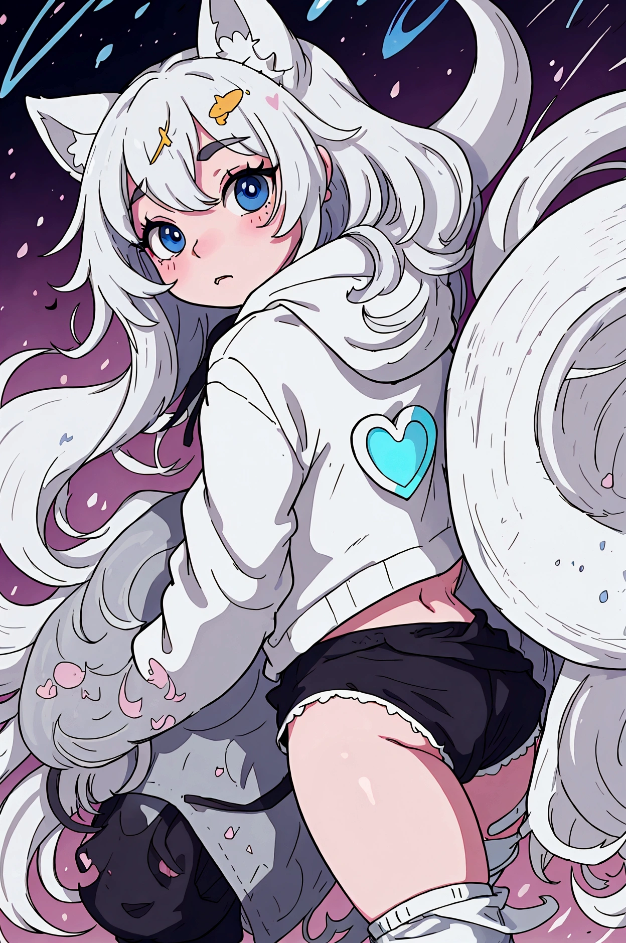 a cute adult male with wolf ears, long white hair, long locks, has a wolf tail, wearing a loose cropped oversized black hoodie, wearing a pair of denim short shorts and fishnet stockings, thick thighs, wide hips, relaxing on mound of fluffy multi colored kawaii plushies, short, very slim, showing slender tummy, heart on hoodie, squishy thighs, has glowing blue eyes. alone, solo (ALONE)(SOLO), surrounded by rainbows, colorful galaxy backround, turned around, shot from the back, big juicy butt, has a wedgie, in a breeding pose
