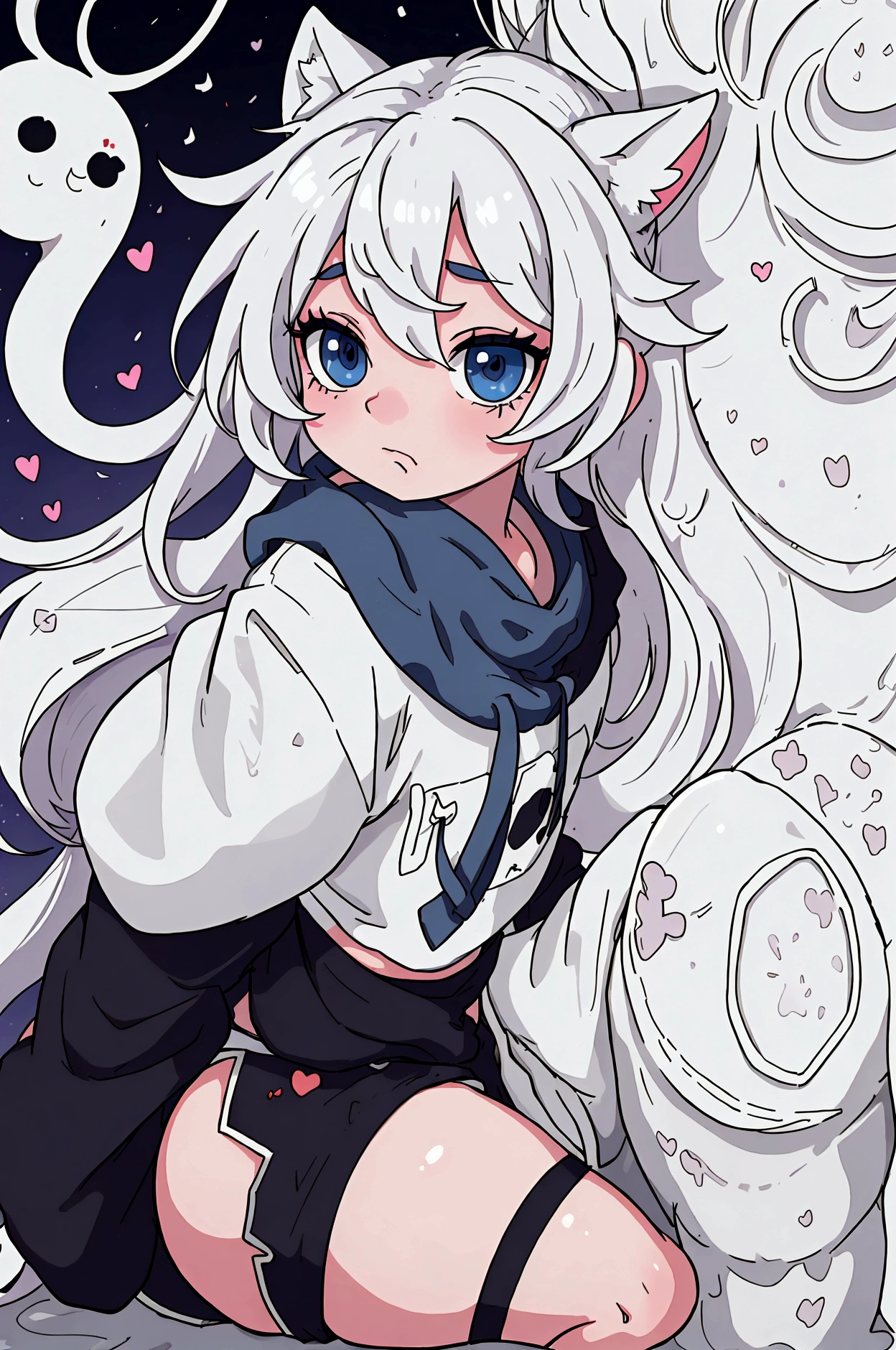 a cute adult male with wolf ears, long white hair, long locks, has a wolf tail, wearing a loose cropped oversized black hoodie, wearing a pair of denim short shorts and fishnet stockings, thick thighs, wide hips, relaxing on mound of fluffy multi colored kawaii plushies, short, very slim, showing slender tummy, heart on hoodie, squishy thighs, has glowing blue eyes. alone, solo (ALONE)(SOLO), surrounded by rainbows, colorful galaxy backround, turned around, shot from the back, big juicy butt, has a wedgie, in a breeding pose