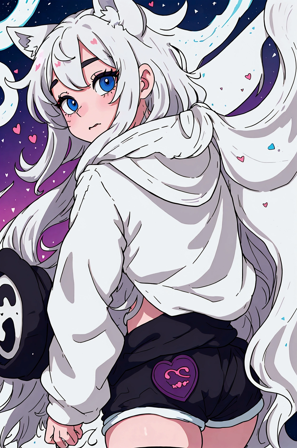 a cute adult male with wolf ears, long white hair, long locks, has a wolf tail, wearing a loose cropped oversized black hoodie, wearing a pair of denim short shorts and fishnet stockings, thick thighs, wide hips, relaxing on mound of fluffy multi colored kawaii plushies, short, very slim, showing slender tummy, heart on hoodie, squishy thighs, has glowing blue eyes. alone, solo (ALONE)(SOLO), surrounded by rainbows, colorful galaxy backround, turned around, shot from the back, big juicy butt, has a wedgie, in a breeding pose
