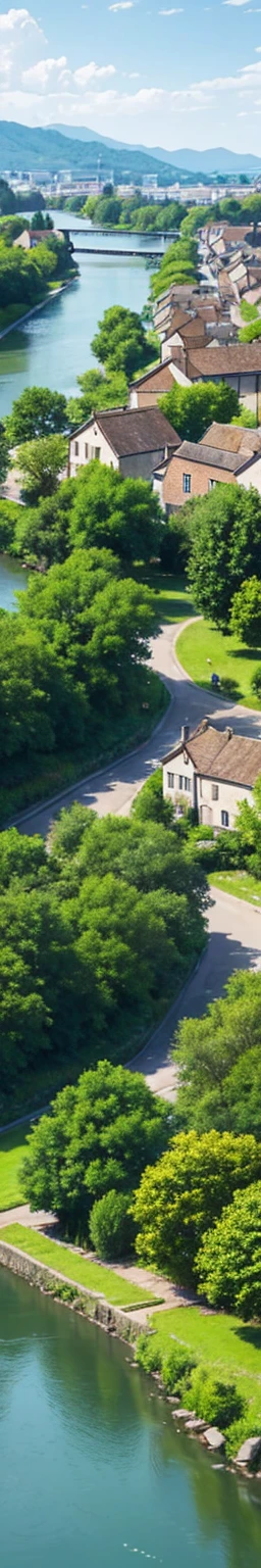 A very beautiful village near the river, there is a beautiful tree