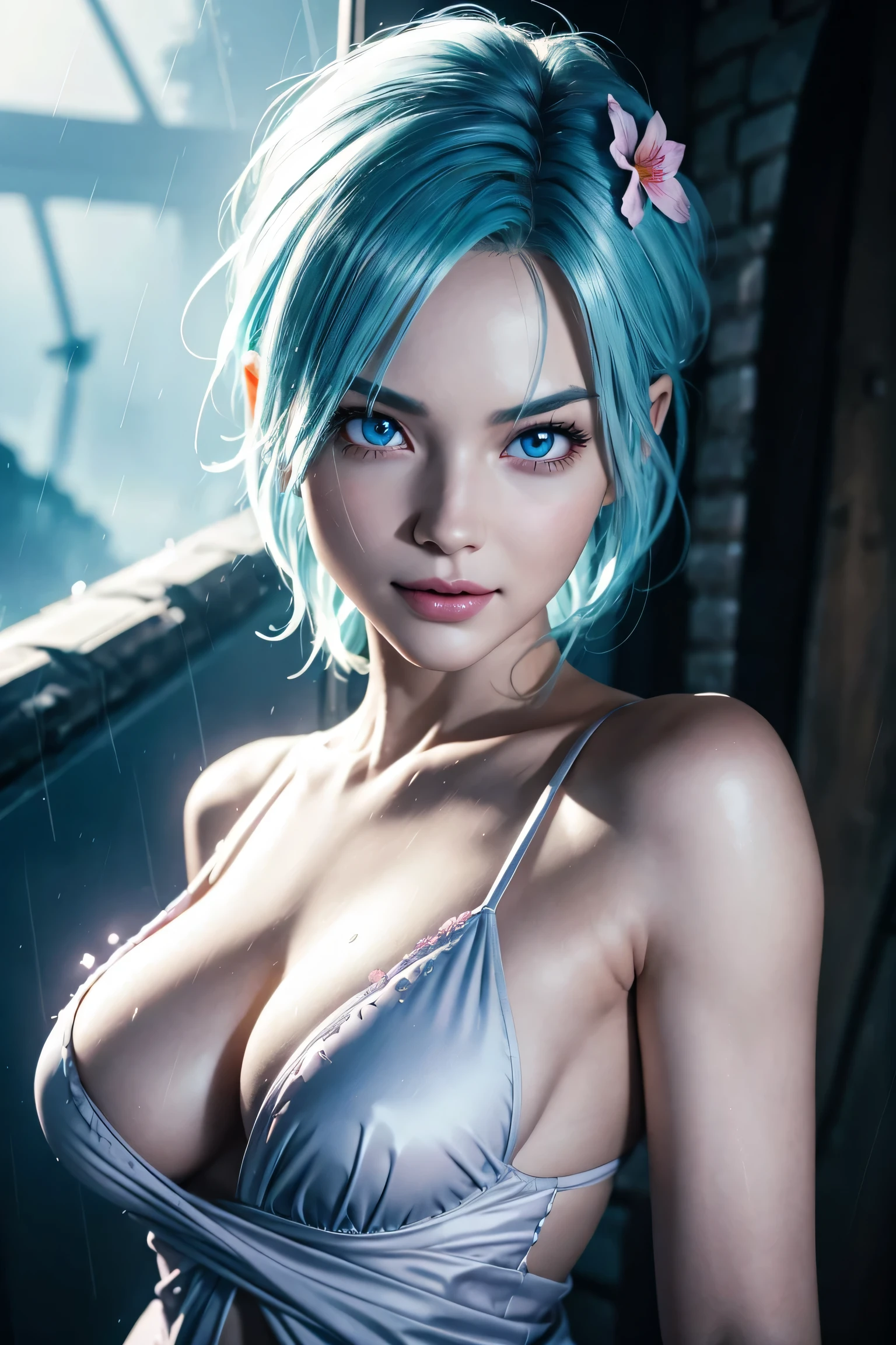 Dragon Ball Z,Bloomer,Light blue hair color,Beautiful Hair,Shortcuts,beautifully arranged bangs,Pale blue eyes,White skin,Photorealistic,Ultra HD,high quality,masterpiece,Digital SLR,Detailed details,Intricate details,Anatomical basis,Depicted in detail,A detailed face,Realistic skin texture,Vivid details,Perfect Anatomy,Perfect Anatomy,Anatomically correct hand,Anatomically correct fingers,Super Detail,Complex 3D rendering,Sexy pose,Beautiful morning glory(flower),Rainy Sky,Beautiful scenery,Fantastic rainy sky,Picturesque,Pink Lips,smile,Fantastic butterflies々,
