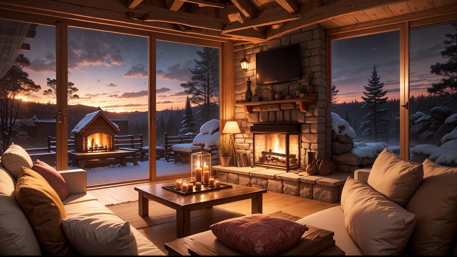 Cartoon background of wooden house living room, This night outside](Comfortable atmosphere), (Soft lighting), Bright stone fireplace fire, This is the best night, Transparent glass window