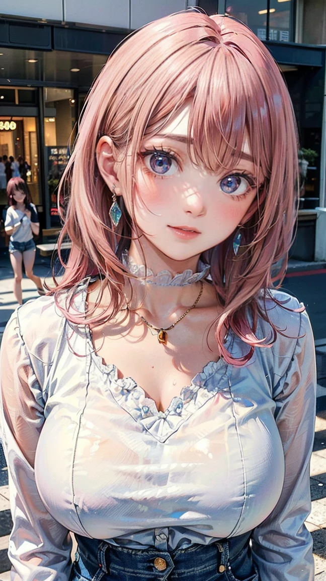 (Masterpiece, BestQuality:1.3), (ultra detailed:1.2), (hyperrealistic:1.3), (RAW photo:1.2), High detail RAW color photo, professional photograph, (Photorealistic:1.4), (realistic:1.4), professional lighting, perfect anatomy, (Big Breasts:1.2), (blush, detailed face), (cheerful Smile:1.5), Trending Hair&Trending Hairカラーをランダムに, earrings, necklace, bracelet, sexy, erotic sexy, Random sexy gravure poses, (A beautiful pink-haired woman wearing a white blouse and blue jeans、Posing in front of a shopping mall。She has a satisfied smile。: 1.3)