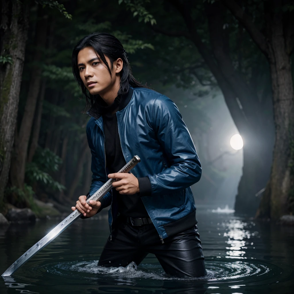 Tomioka Jio, demon slayer, 1 boy, Single, Upper body, (water, blue halo, flowing water), Katana, sword, holding Katana, Combat position, Looking at the viewer, long hair, Blue eyes, Black hair, Acquaintance, Jacket, Male focus, Japanese clothes, black Jacket, demon slayer uniform,تصميم Jacket بالون الأحمر والأسود 

