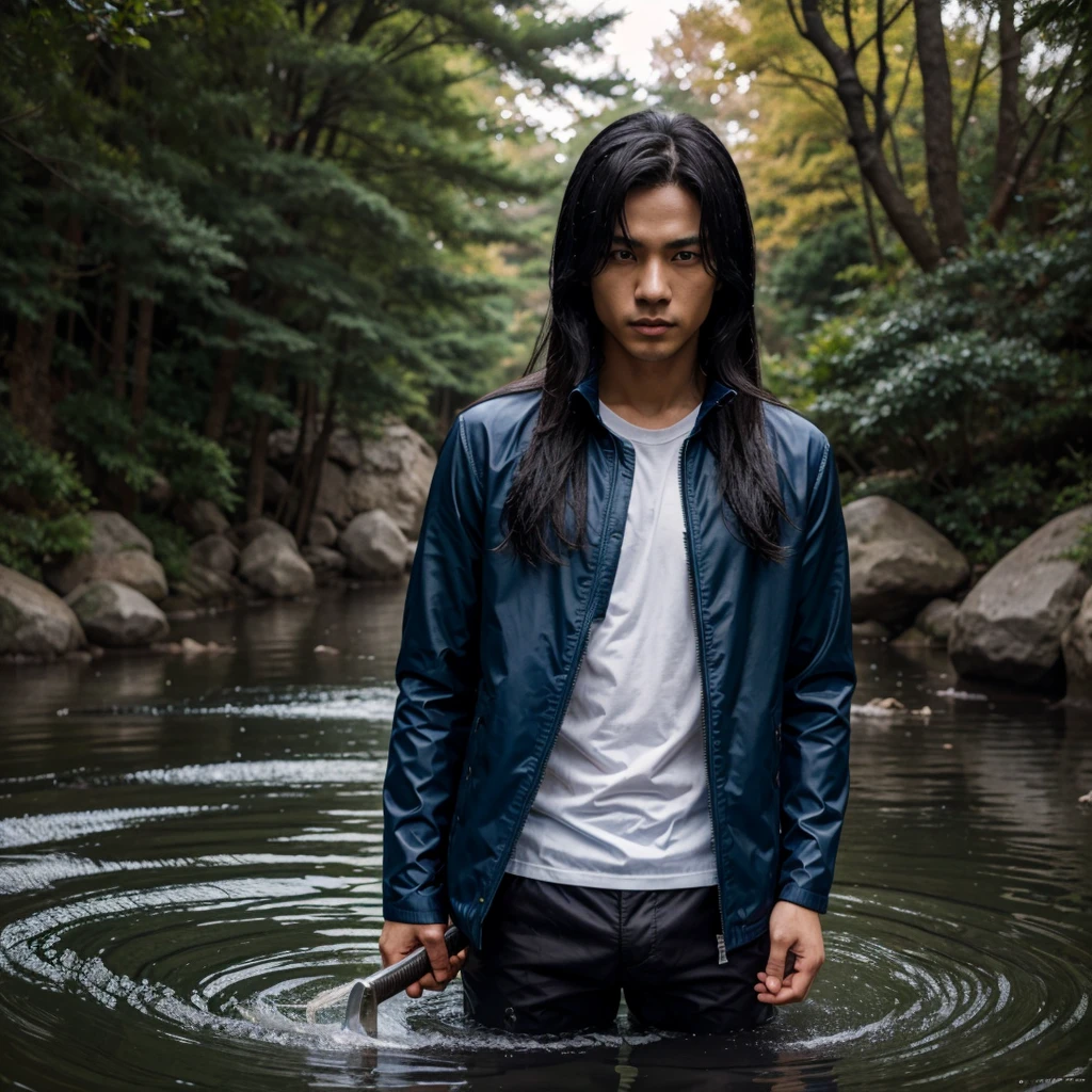 Tomioka Jio, demon slayer, 1 boy, Single, Upper body, (water, blue halo, flowing water), Katana, sword, holding Katana, Combat position, Looking at the viewer, long hair, Blue eyes, Black hair, Acquaintance, Jacket, Male focus, Japanese clothes, black Jacket, demon slayer uniform,تصميم Jacket بالون الأحمر والأسود 

