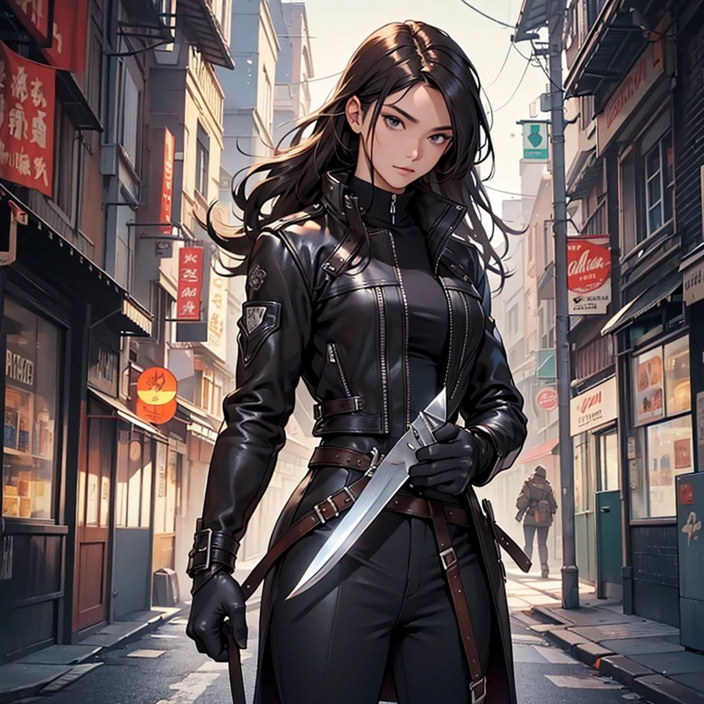 (masterpiece,High quality,top quality,Super Detail, Best quality ,)hair detail ,leather details,Body Details,Face details,Full body view,1 person,murderer,a knife,Beautiful,high,cover your face, Background city