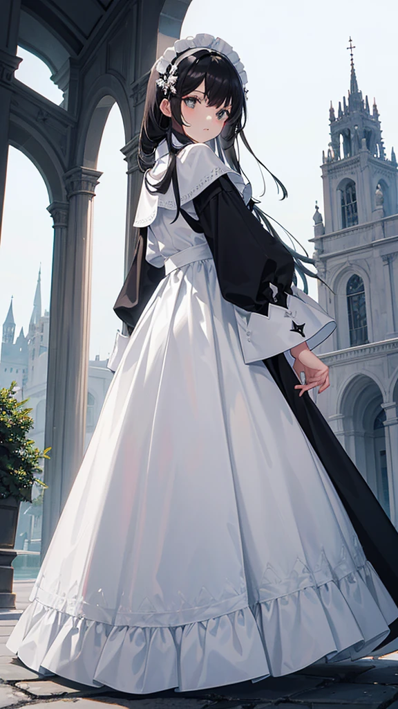 albedow caminando vestido blanco con ventilacion en las caderas cabello negro cuernos blancos con alas negras en las cadera el fondo un castillo sosteniendo dos espadas