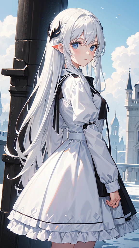 albedow caminando vestido blanco con ventilacion en las caderas cabello negro cuernos blancos con alas negras en las cadera el fondo un castillo sosteniendo dos espadas