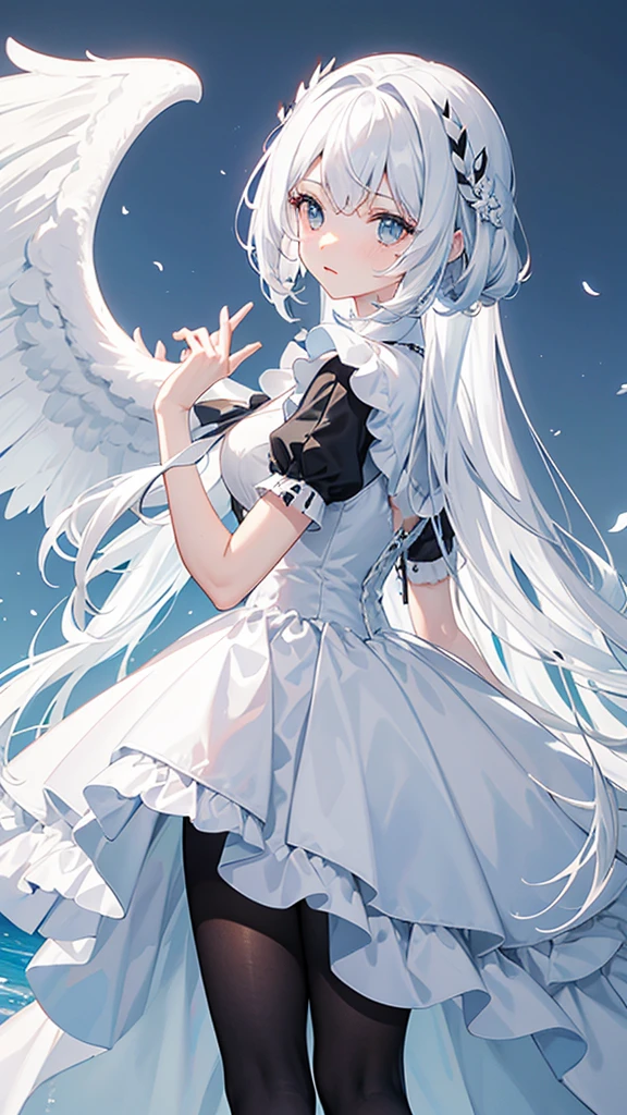  albedow caminando vestido blanco con ventilacion en las caderas cabello negro cuernos blancos con alas negras en las cadera el fondo un castillo sosteniendo dos espadas