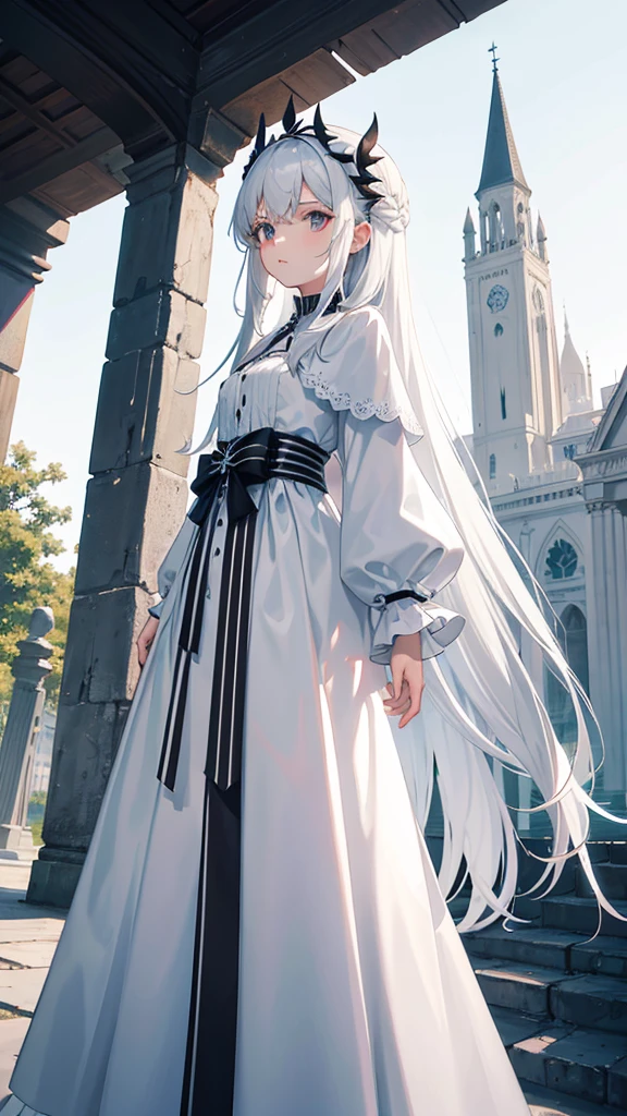 albedow caminando vestido blanco con ventilacion en las caderas cabello negro cuernos blancos con alas negras en las cadera el fondo un castillo sosteniendo dos espadas