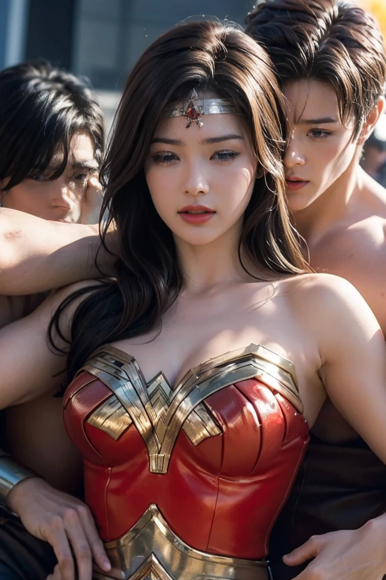 私はWonder Womanです、完璧なWonder Womanの衣装,押しDefeated,Defeated,A man mounts me,Face grabbed、Hug from the front,Hugged,Being strangled,You can hold it,Men lick my face with their tongues,The guys lick my head with their tongues,Men lick my hair with their tongues,My body is licked by men,sleeping face,Close ~ eyes,Open your mouth,Tired face,Face of Suffering,Being slapped in the face,Getting punched in the face,Fighting with men,Fight with the men,Surrounded by men,,Caught between the men,Being held back by men,Entanglement with males, Attacked by men,Brown Hair,  masterpiece、beautiful girl、fine 目、puffy eyes、highest quality, 超High resolution, (reality: 1.4), Cinema Lighting,so beautiful、Beautiful Skin、(超reality的な)、(High resolution)、(8k)、(Very detailed)、(beautiful and fine 目)、(Very detailed)、 Detailed face、Diagonal bangle hair、Brown Hair、20-year-old、Wonder Womanのコスプレ，Wonder Woman