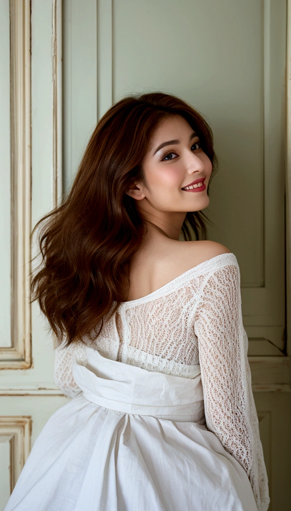 Tabletop、White wall、In front of a white door、White long sleeve dress、(8k、Live Shooting、highest quality、masterpiece:1.2)、High-quality RAW color photos、Professional photos、(Genuine、フォトGenuine:1.37)、Photographed in natural light、1 girl、怠惰なsmile、(Mr.々A pose)、Spring Clothes、Simple Necklace、(Beautiful profile:1.3)、Don'Don't look at the camera、profile、Bob、Bobカット、((Brown Hair))、The eye color is dark brown、(Beautiful profile:1.3)、Correct hand of human body、Looking down、Fluffy hair、smile
