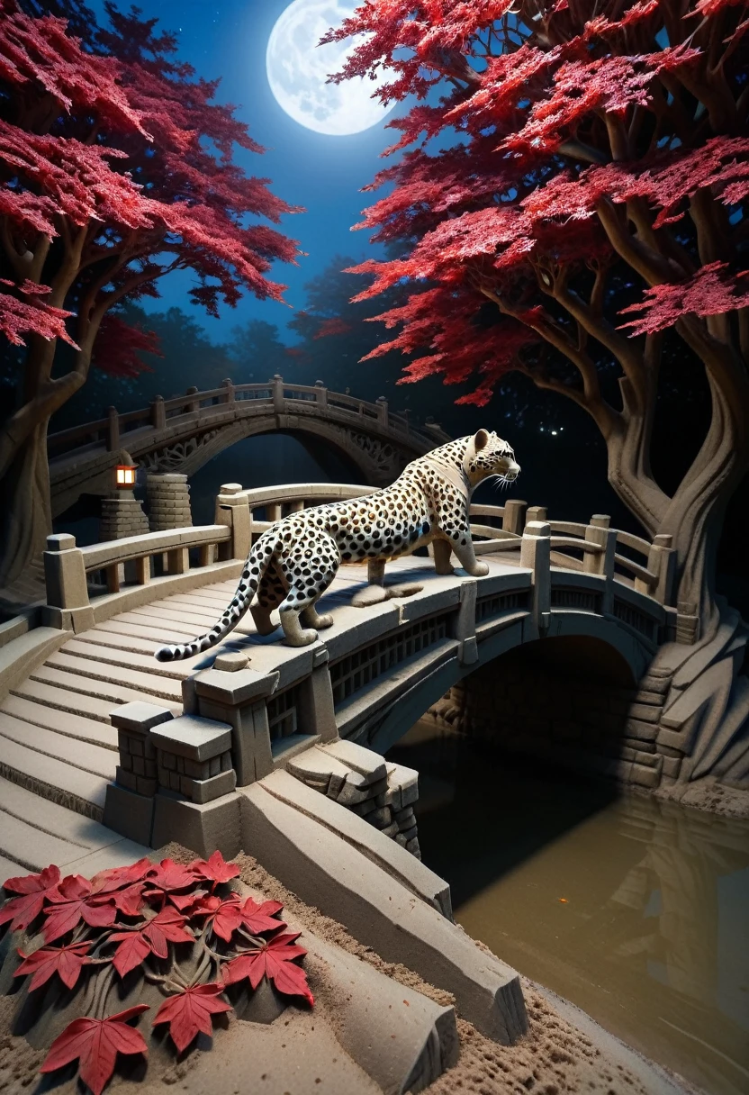 Sand sculpture style,  Ultra-clear details，Spectacular sights，Maple Bridge Night Park：On the ancient bridge，A leopard，Poetry scroll in hand，A hint of melancholy is revealed between the eyebrows，Red maple leaves all around，Water gurgles under the bridge，Moonlight on the bridge，Create a poetic night scene。