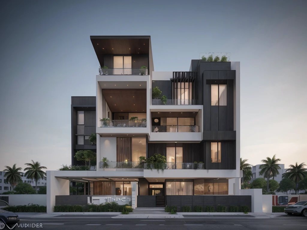 [modern Office house with a courtyard and 03 floors], high quality rendering, award-winning render, award winning render, Lumion render, professional render, architectural render, render to resolute perfection, exterior design, architectural visualization, architecture render, modern architecture design, inter dimensional villa, architectural 3d render, realistic CGI render, black and white color, dark color, wide 20m, deep 18m, heigh 11,5m, ([03 floors]), IOS 1600
