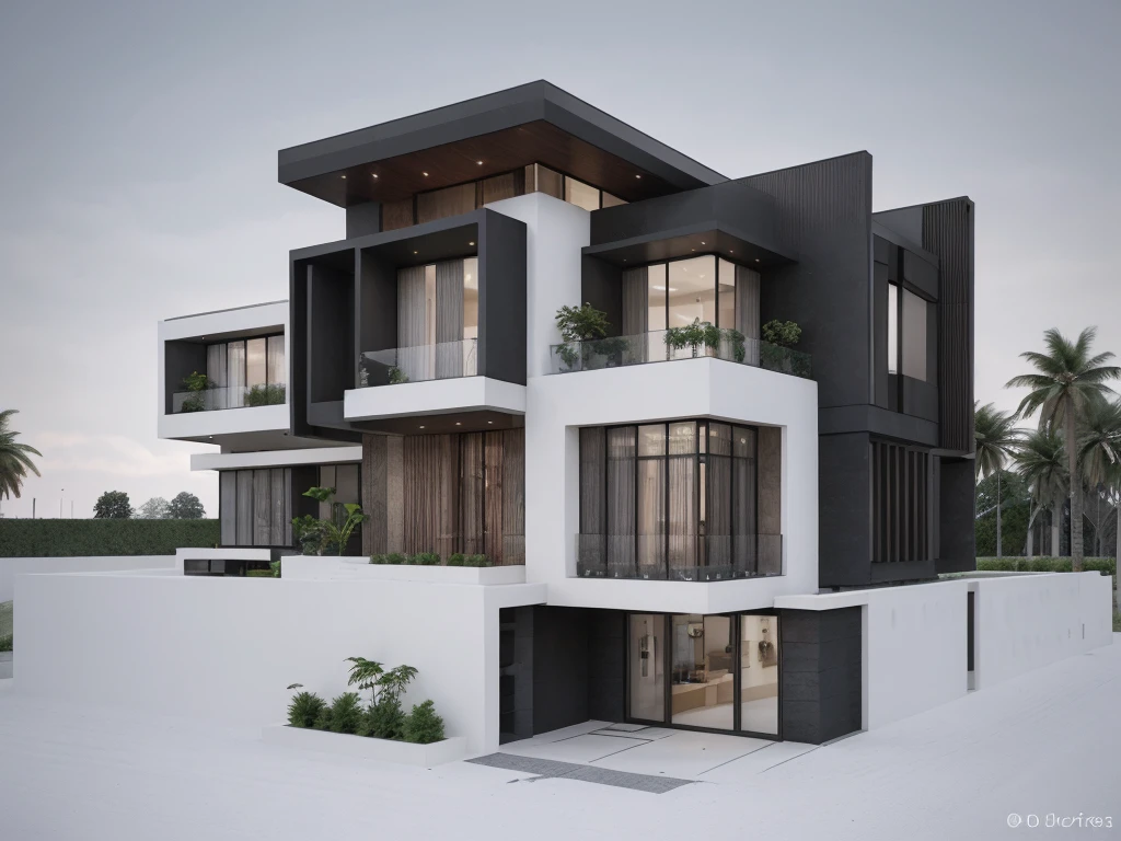 [modern Office house with a courtyard and 03 floors], high quality rendering, award-winning render, award winning render, Lumion render, professional render, architectural render, render to resolute perfection, exterior design, architectural visualization, architecture render, modern architecture design, inter dimensional villa, architectural 3d render, realistic CGI render, black and white color, dark color, wide 20m, deep 18m, heigh 11,5m, ([03 floors]), IOS 1600