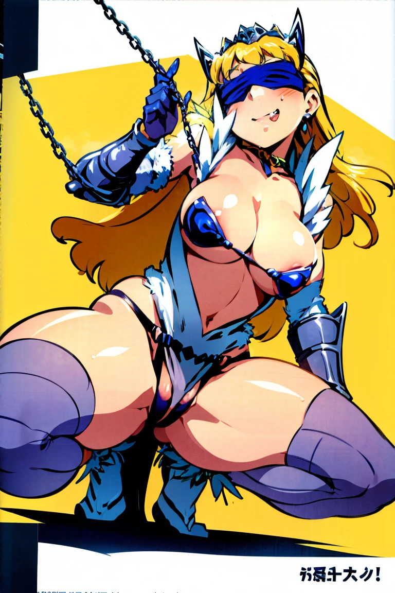 1girl, solo, huge breasts, cleavage, Chubby, ((((blindfold)))), (((( squatting, chain leash, pet play, hand on the ground)))), masterpiece, best quality, ultra detailed, super fine illustration, purple hair, nsfw, sexual ecstasy smile, voluptuous, fair skin, perfect proportion, gleaming skin, oil skin, shiny skin, perfect limbs, perfect legs, rape face, dimpled smile, full face blush, fucked silly, stick out tongue, long tongue, vulgarity, sweat skin, full body, perfect anatomy, nice body, teeth, smile broadly, elbow gloves, dare shoulder, bikini pants, long hair, breasts clothes, goblin, long shot, extremely long shot, wide shot, head to toe, full body, bikini armor, elbow gloves, earrings, pelvic curtain, loincloth, medium breasts, feathers clothes, tiara,