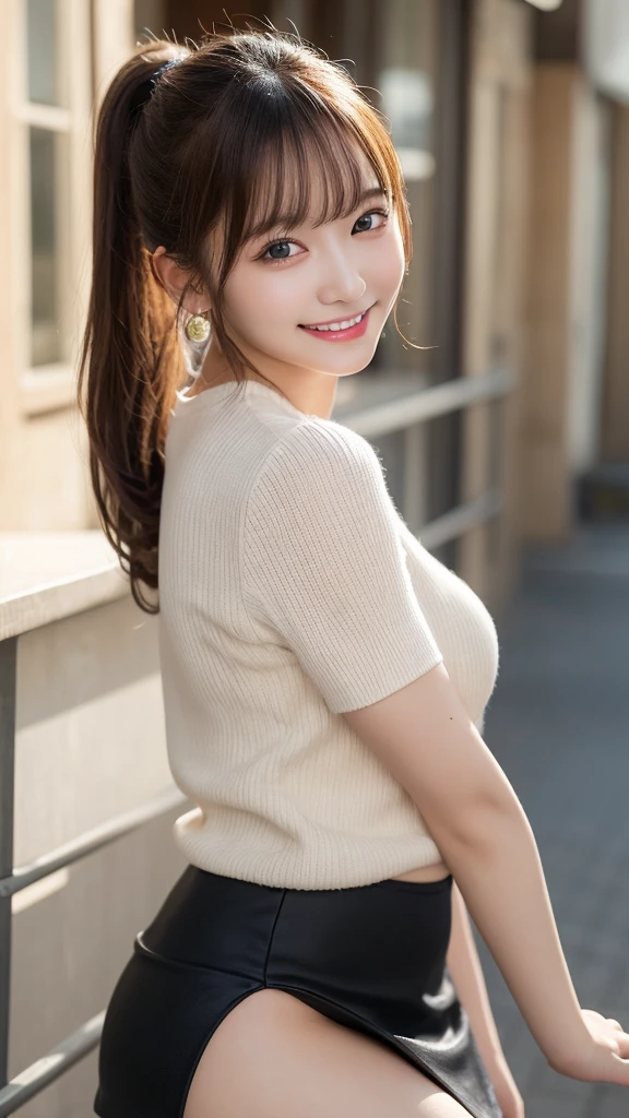 highest quality, shape, Very detailed, finely, High resolution, 8k wallpaper, mini skirt,whole body ,Beautiful and beautiful eyes,one piece,ponytail, Blonde,Sexy look,Natural color lip, Random sexy poses,smile,Beautiful teeth,20-year-old girl,Random background