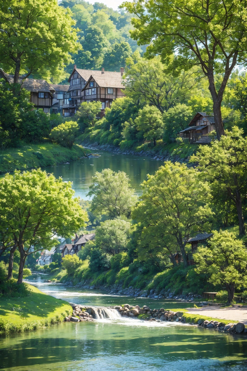 A very beautiful village near the river, there is a beautiful tree