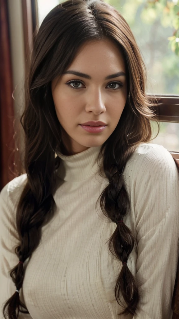 Beautiful ,23 years young Megan Fox healthy, confidential looking,8k,realistic, raw photo,dark brown hair,fair skin, indian,long hair,clear facial features,, very detailed, 23years old, innocent face, natural wavy hair, high resolution, masterpiece, best quality, intricate details, highly detailed, sharp focus, detailed skin, realistic skin texture, texture, detailed eyes, professional, 4k, charming smile, shot on Canon, 85mm, shallow depth of field, kodak vision color, perfect fit body, extremely detailed, foto_\(ultra\), photorealistic, realistic, post-processing, maximum detail, roughness, real life, ultra realistic, photorealism, photography, 8k uhd, photography wearing Maroon turtleneck top, braid|Pensive look| Window seat view