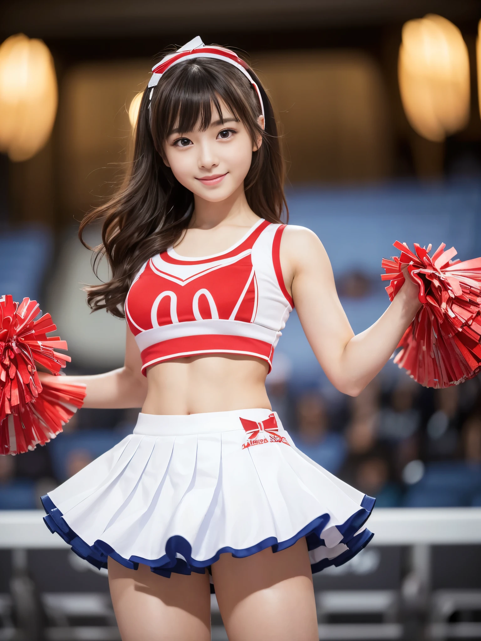 (Best-quality, Masterpiece, Ultra-High-Resolution, (Photorealistic:1.4), Raw Photo, depth of field, professional lighting, perfect anatomy, extremely details), 1girl, the most famous Japanese idol, (wearing cheerleading sleeveless-shirt, wearing cheerleading pleated-skirt over cheerleading panties), ((upturned hip)), ((extremely cute face, ((extremely cute big-eyes)), extremely cute hair), ((extremely beautiful and extremely realistic skins))), extremely beautiful legs, dynamic pose, looking at viewer, innocent smile