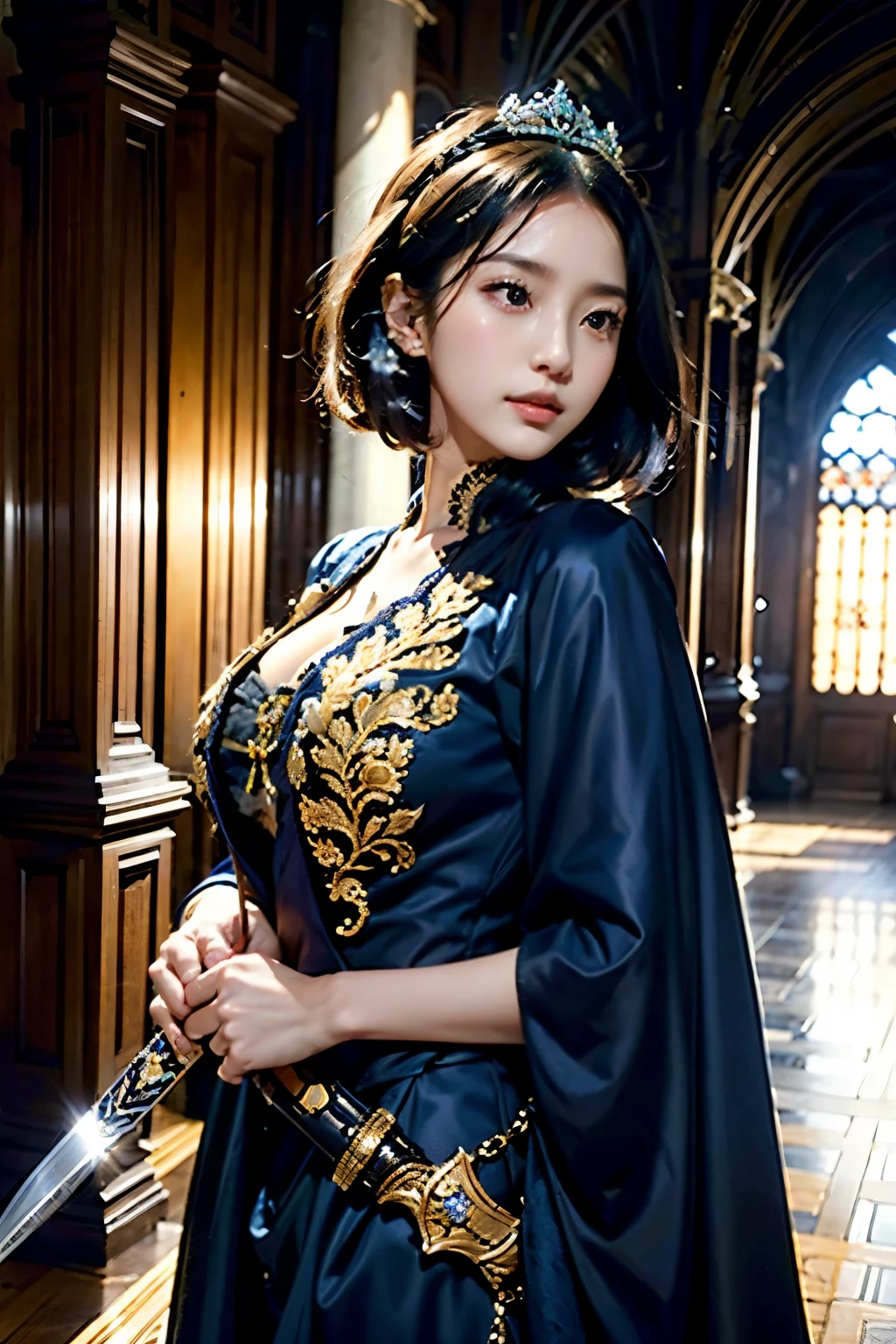 Short Hair、The background is the castle garden、a highly detailed portrait of a young female game character, beautiful woman with long black hair, holding the handle of a sword in her right hand and the scabbard in her left hand, facing sideways with a serious expression, wearing a golden small tiara, and adorned in a luxurious navy blue dress with ornate decorations and a navy blue cloak, looking like a regal queen、profile、Looking to the side