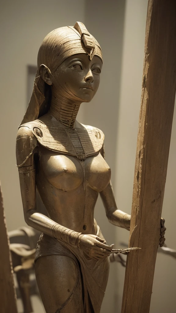 a close up of a statue of a person, by Alberto Giacometti, featured on zbrush central, egyptian mummy, video still, prominent rosy cheek bones, facing sideways, short neck, saint skeleton queen, discovered for the first time, very slightly smiling, youtube video screenshot, partially covered with dust, full body profile camera shot, slightly turned to the right, 32k, UHD, cinematic chromatic, cinematic lighting, global illumination, chromatic light, photorealistic, ultra detailed, afga Vista 400, Dreamlike lighting, 85 mm, dramatic, low-key lighting on a mysterious, photorealistic , ultra photoreal , ultra detailed, intricate details.