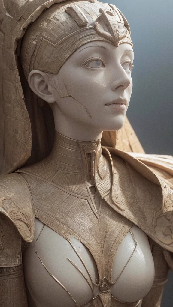 a close up of a statue of a person, by Alberto Giacometti, featured on zbrush central, egyptian mummy, video still, prominent rosy cheek bones, facing sideways, short neck, saint skeleton queen, discovered for the first time, very slightly smiling, youtube video screenshot, partially covered with dust, full body profile camera shot, slightly turned to the right, 32k, UHD, cinematic chromatic, cinematic lighting, global illumination, chromatic light, photorealistic, ultra detailed, afga Vista 400, Dreamlike lighting, 85 mm, dramatic, low-key lighting on a mysterious, photorealistic , ultra photoreal , ultra detailed, intricate details. 