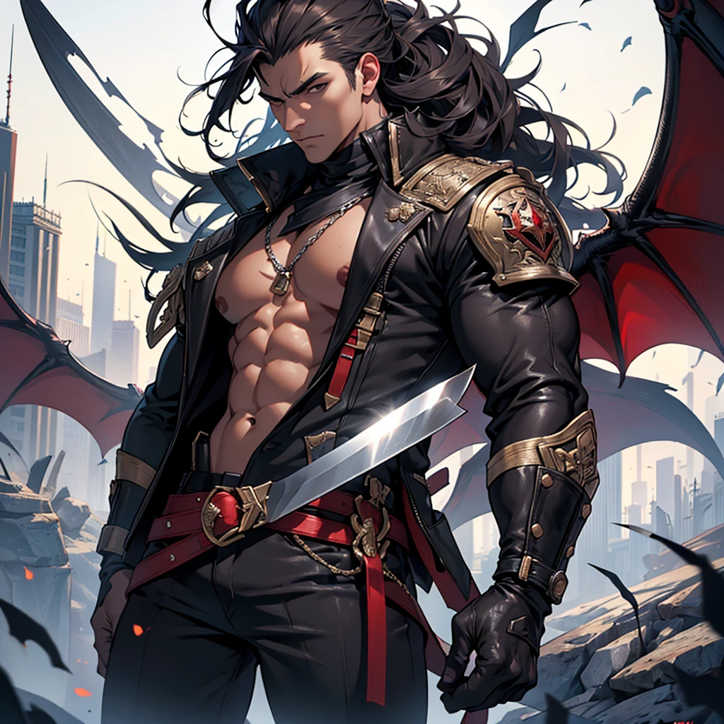 (masterpiece,High quality,top quality,Super Detail, Best quality ,)hair detail ,leather details,Body Details,Face details,Full body view,1 person,killer guy,a knife,Beautiful,high,cover your face, Background city, demons are nearby, nobleman