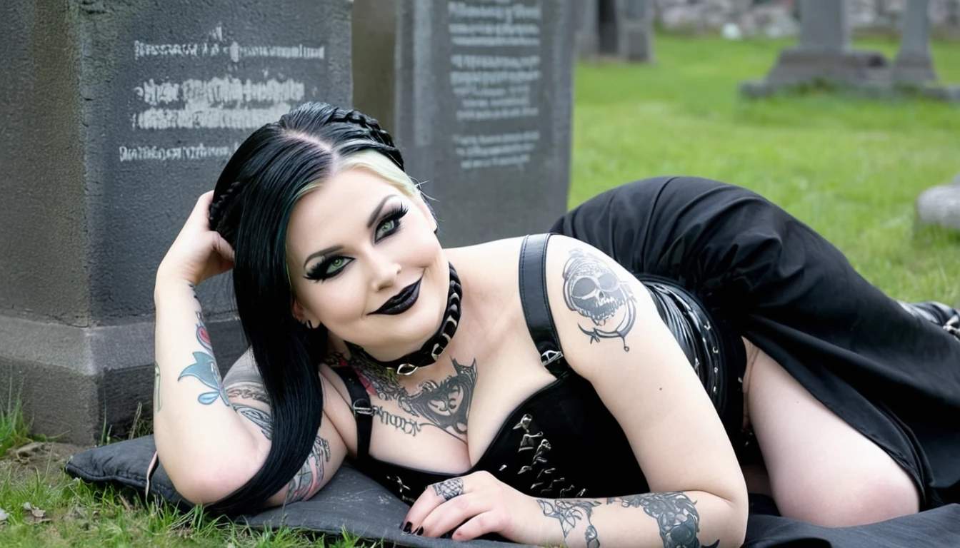 Foto of a (chubby) but muscular scandinavian woman, (Ingrid Mueller) 35 years old, goth girl. blonde hair now black dyed hair ,sidecut and braided hairstyle, nordic tattoos. wearing goth outfit.  black viktorian dress  and corset. goth make-up. smiling.  laying on her back posing for a foto shooting at a old cementry full body shot. masterpiece 4k high detailed, high quality