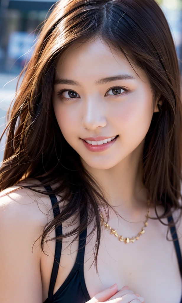 realistic, high quality, a bikini girl walking on street, Detailed iridescent bodysuit with beautiful fractal or marble design:1.5, cleavage, beautiful face, beautiful lips, golden long hair, high quality, insane details, professional lighting, cool pose, cinematic, 8k wallpaper, smiling, sharp