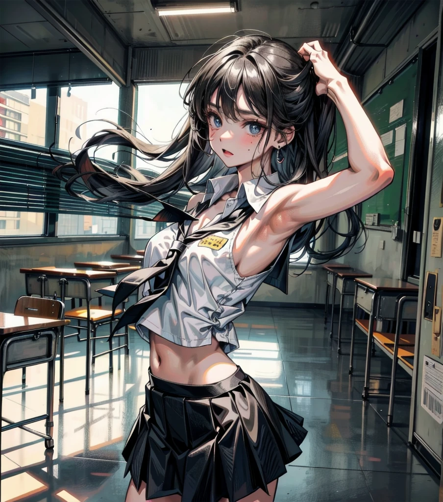 (best quality: 1.2), clean face, (masterpiece: 1.2, 8k) perfect anatomy, 1 girl) a beautiful fashion model ,(masterpiece, official art, best quality shiny hair, straight black hair with streaks in hair, full lips, small breasts, blazer school uniform, short skirt, thong straps, (dark makeup, piercings), shiny breasts, shiny skin, looking at viewer, college student, horizontal, lounging, a single girl, scene haircut, dark makeup, dark eyes, (slender, skinny, slight frame, small breasts), ((emo, scene girl)), classroom, hair over one eye