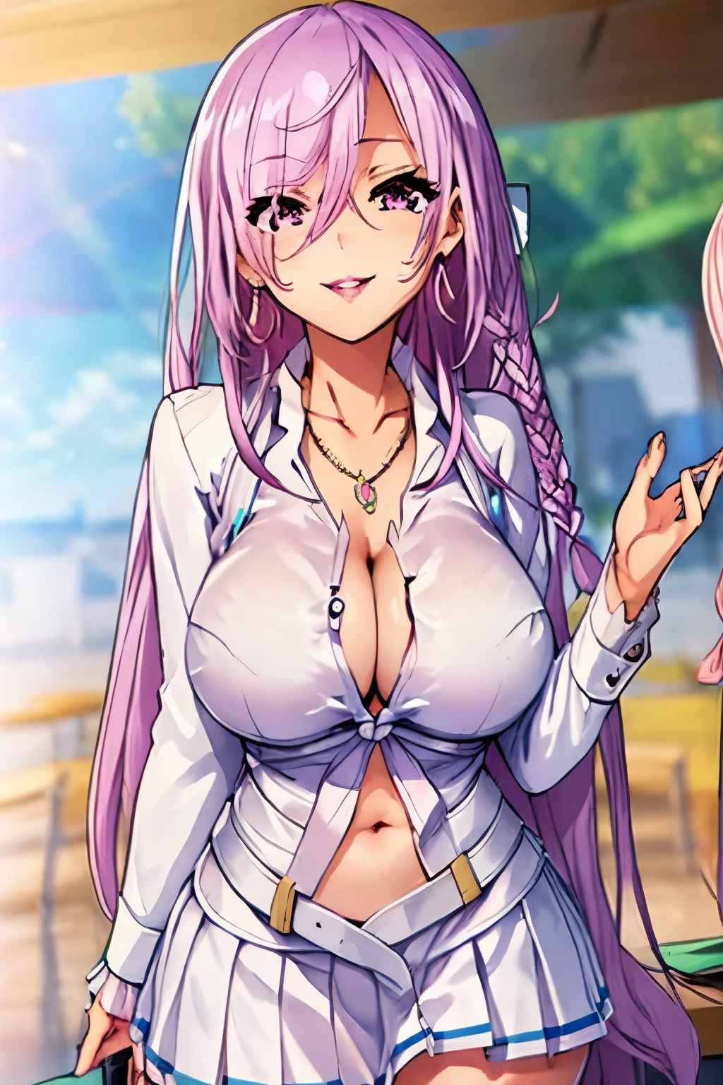 kura satomi, long hair, blush, lipstick, evil smile, masterpiece, best quality, ((unbuttoned , cleavage, necklace, earrings, sexy body,
breasts)) , micro skirt, smiling, navel , exposed belly, exposed navel,(nsfw) not safe for work,school, knot, 
classroom , holding a gun, hold a gun