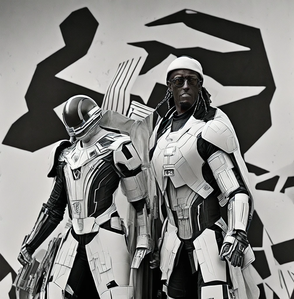 Wesley Snipes as Michael, the Right Hand of the Creator. Co-Leader of the Archangels, A crack squad of futuristic and highly technically advanced warriors. Ancient, but not old. Powerful, IN a white and black winged exo-mecha suit, tight fitting, open faced, with futuristic golden HALO-crown/helmet with visor
