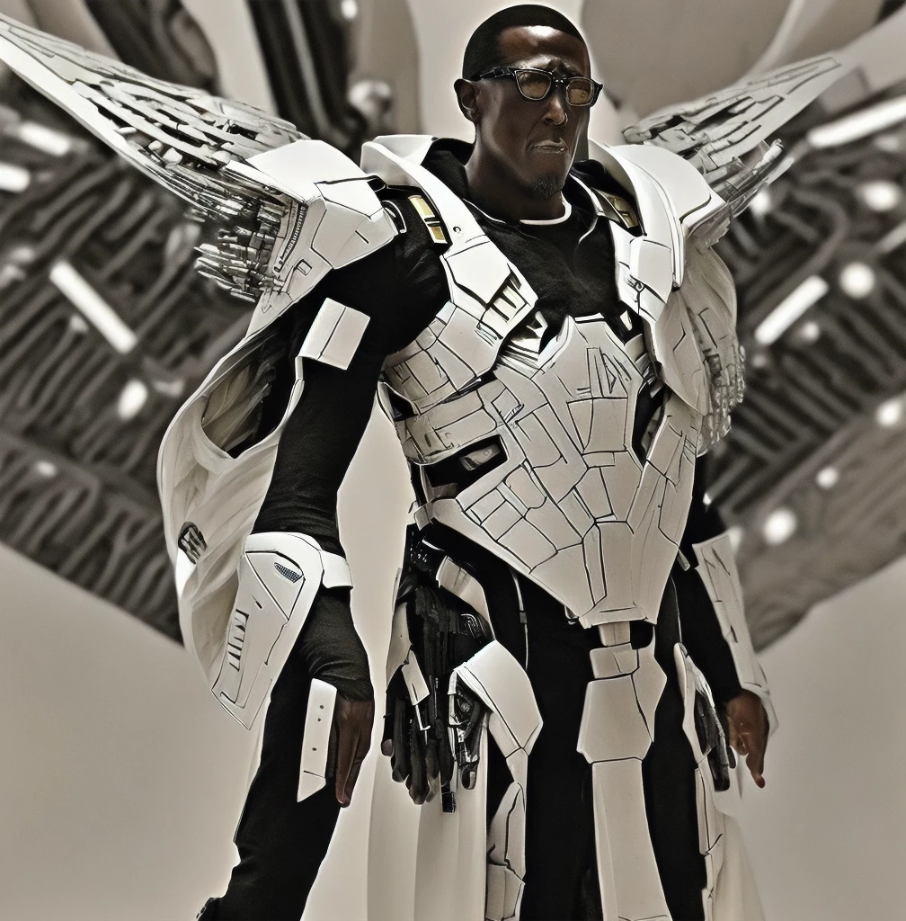 Wesley Snipes as Michael, the Right Hand of the Creator. Co-Leader of the Archangels, A crack squad of futuristic and highly technically advanced warriors. Ancient, but not old. Powerful, IN a white and black winged exo-mecha suit, tight fitting, open faced, with futuristic golden HALO-crown/helmet with visor
