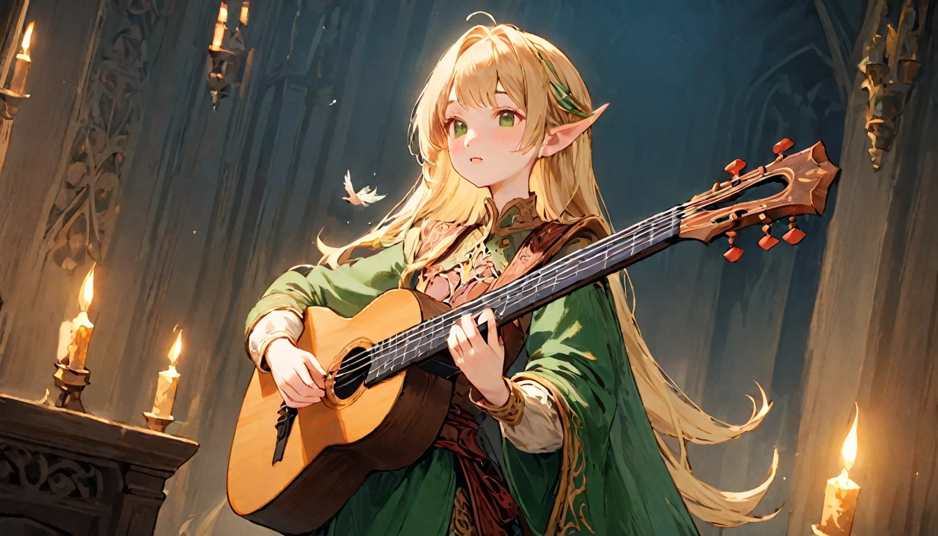 Female Adventurer, whole body, Game Art Style, (masterpiece), highest quality, High resolution, 4K, 8k, Detail View, Intricate details, Cinema Lighting, Great quality, 1 girl, bird、Bird、Playing the lute、Playing the lute、((Close your eyes and sing passionately:1.2))、Elf Ears、Ash Blonde Hair, Great shade, Soft lighting, Facing camera, Perfect Eyes,Green clothes