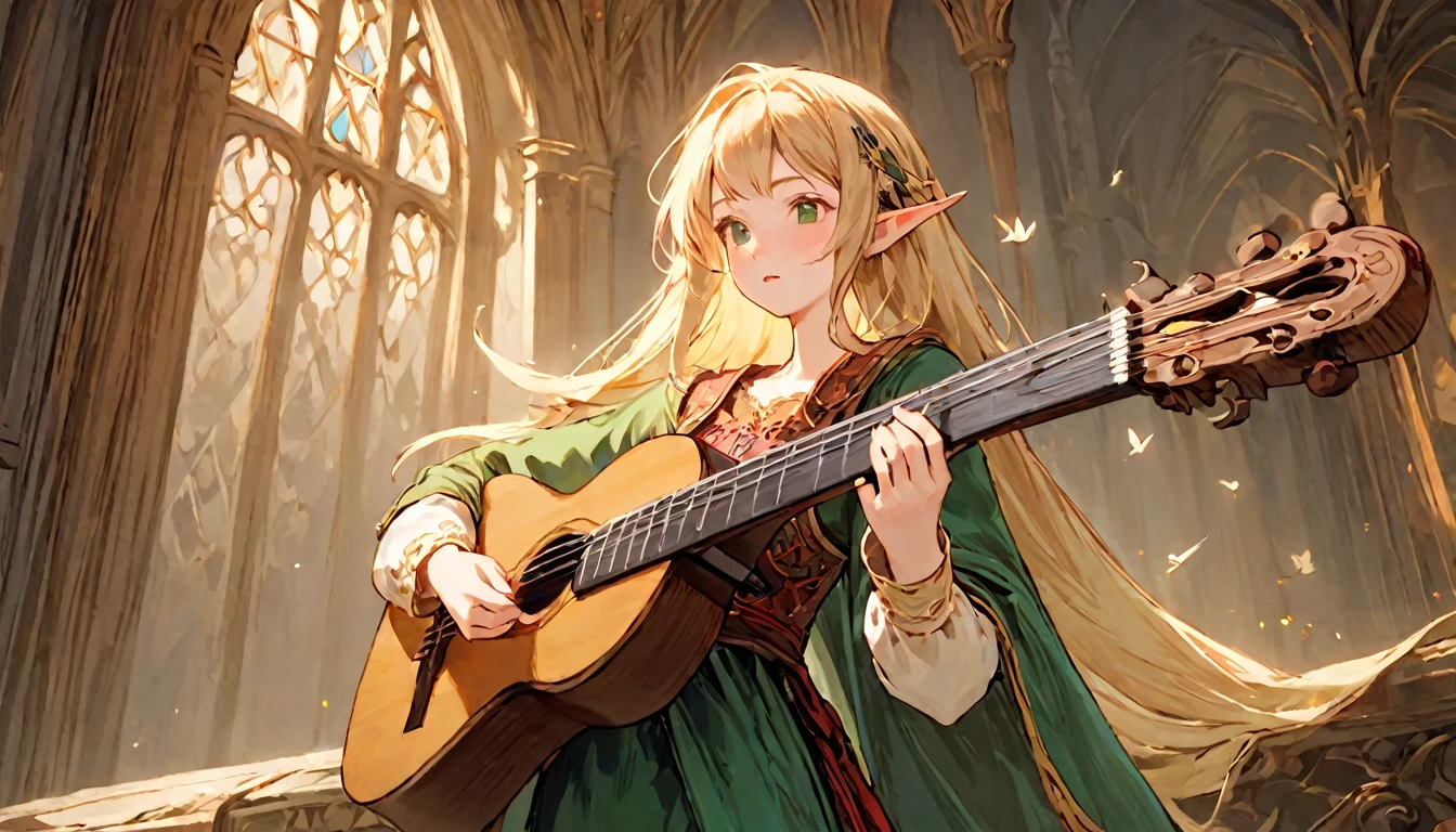 Female Adventurer, whole body, Game Art Style, (masterpiece),  highest quality, High resolution, 4K, 8k, Detail View, Intricate details, Cinema Lighting, Great quality, 1 girl, bird、Bird、Playing the lute、Playing the lute、((Close your eyes and sing passionately:1.2))、Elf Ears、Ash Blonde Hair, Great shade, Soft lighting, Facing camera, Perfect Eyes,Green clothes