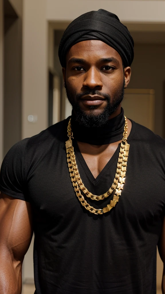 black man, buff, muscular, healthy, in his 30's, black bandana, trunk shirt, thin gold chain, beard, face front, gray shirt