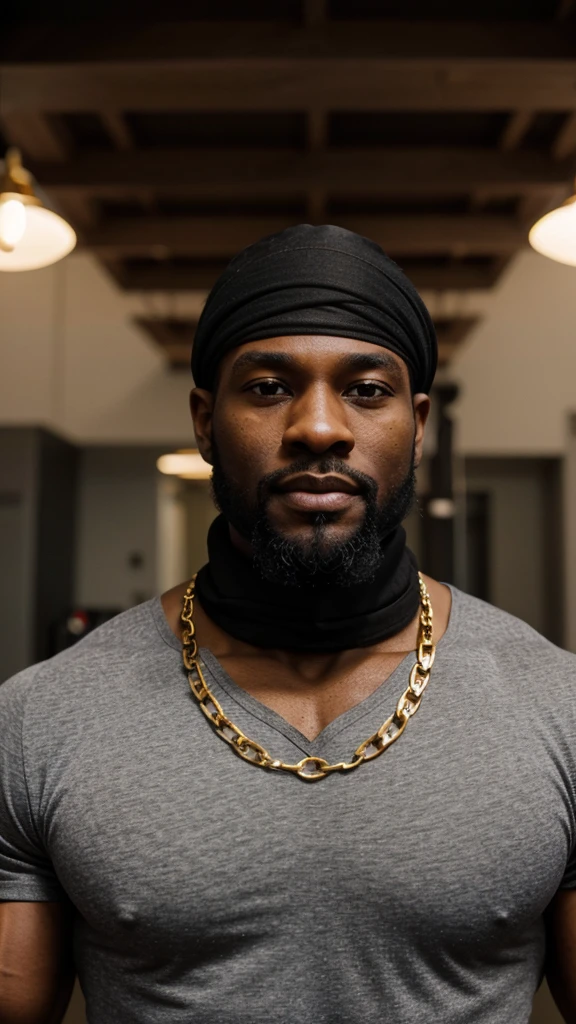black man, buff, muscular, healthy, in his 30's, black bandana, trunk shirt, thin gold chain, beard, face front, gray shirt