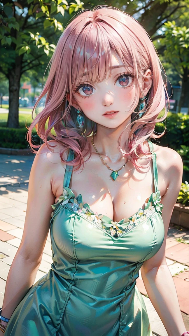 (Masterpiece, BestQuality:1.3), (ultra detailed:1.2), (hyperrealistic:1.3), (RAW photo:1.2), High detail RAW color photo, professional photograph, (Photorealistic:1.4), (realistic:1.4), professional lighting, perfect anatomy, (Big Breasts:1.2), (blush, detailed face), (cheerful Smile:1.5), Trending Hair&Trending Hairカラーをランダムに, earrings, necklace, bracelet, sexy, erotic sexy, Random sexy gravure poses, (A beautiful pink-haired woman wearing a soft mint green dress、Smiling among flowers in a spring park。She has a look of joy。: 1.3)