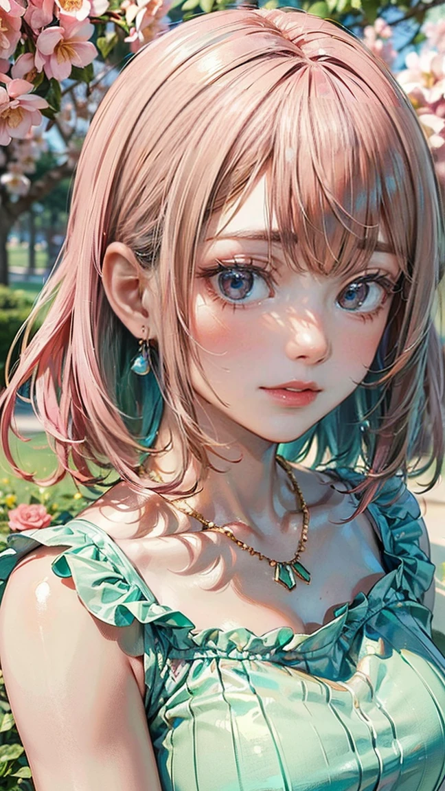 (Masterpiece, BestQuality:1.3), (ultra detailed:1.2), (hyperrealistic:1.3), (RAW photo:1.2), High detail RAW color photo, professional photograph, (Photorealistic:1.4), (realistic:1.4), professional lighting, perfect anatomy, (Big Breasts:1.2), (blush, detailed face), (cheerful Smile:1.5), Trending Hair&Trending Hairカラーをランダムに, earrings, necklace, bracelet, sexy, erotic sexy, Random sexy gravure poses, (A beautiful pink-haired woman wearing a soft mint green dress、Smiling among flowers in a spring park。She has a look of joy。: 1.3)