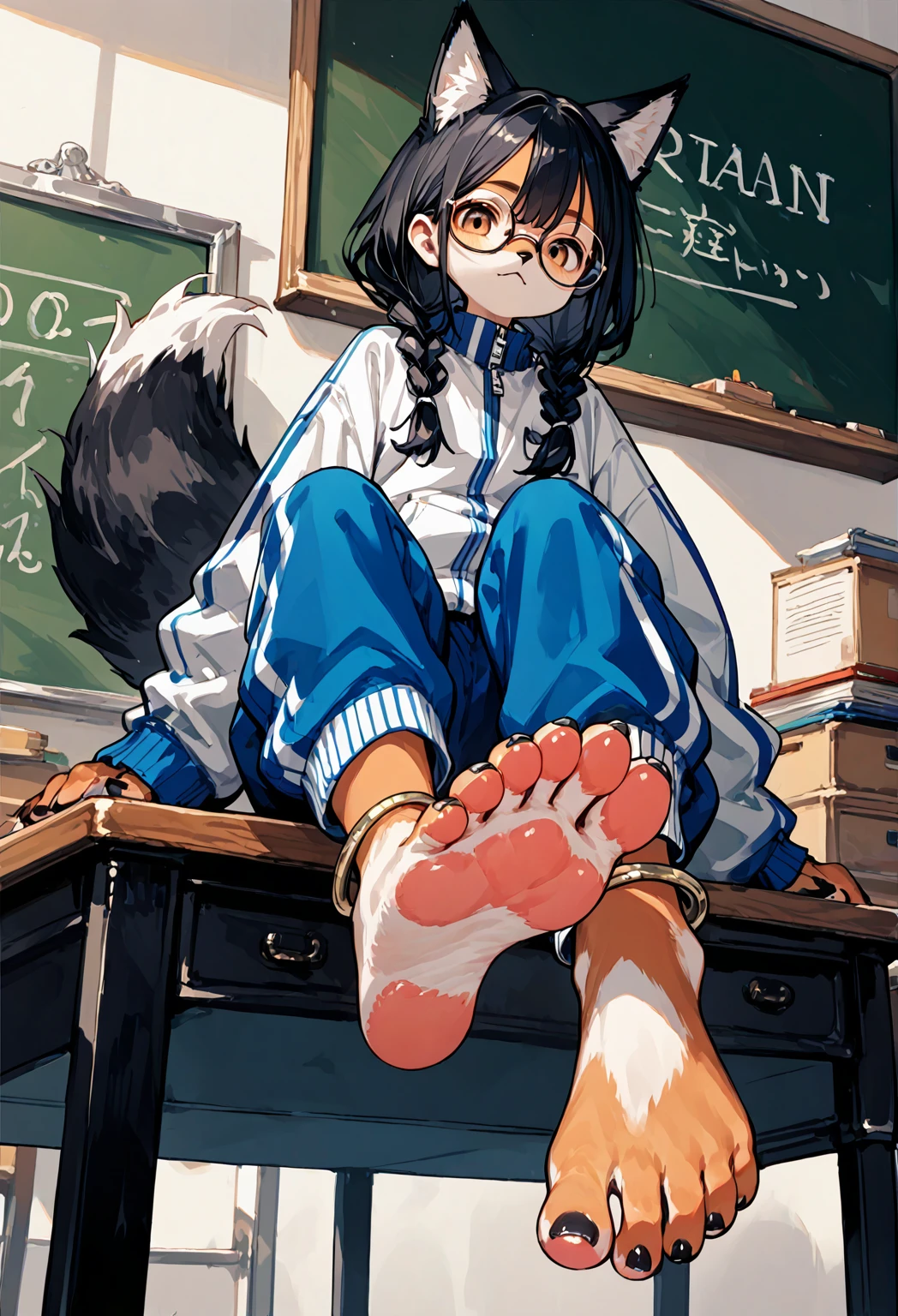 score_9, score_8_up, score_7_up, score_6_up,score_5_up, source_anime, source_furry, anthro, hadrian, solo, black hair,baggy blue and white track suit,baggy blue and white track pants,glasses,black hair,low twin braids, ,desk,sitting on desk,foot up,barefoot,soles,foot focus, furry female, fox girl,paw_sloe,sharp_toenails, pawpads, from below,anklet,bare legs,chalkboard,