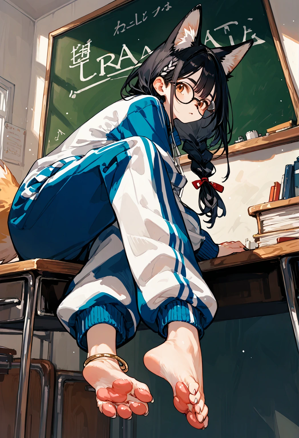 score_9, score_8_up, score_7_up, score_6_up,score_5_up, source_anime, source_furry, anthro, hadrian, solo, black hair,baggy blue and white track suit,baggy blue and white track pants,glasses,black hair,low twin braids, ,desk,sitting on desk,foot up,barefoot,soles,foot focus, furry female, fox girl,paw_sloe,sharp_toenails, pawpads, from below,anklet,bare legs,chalkboard,