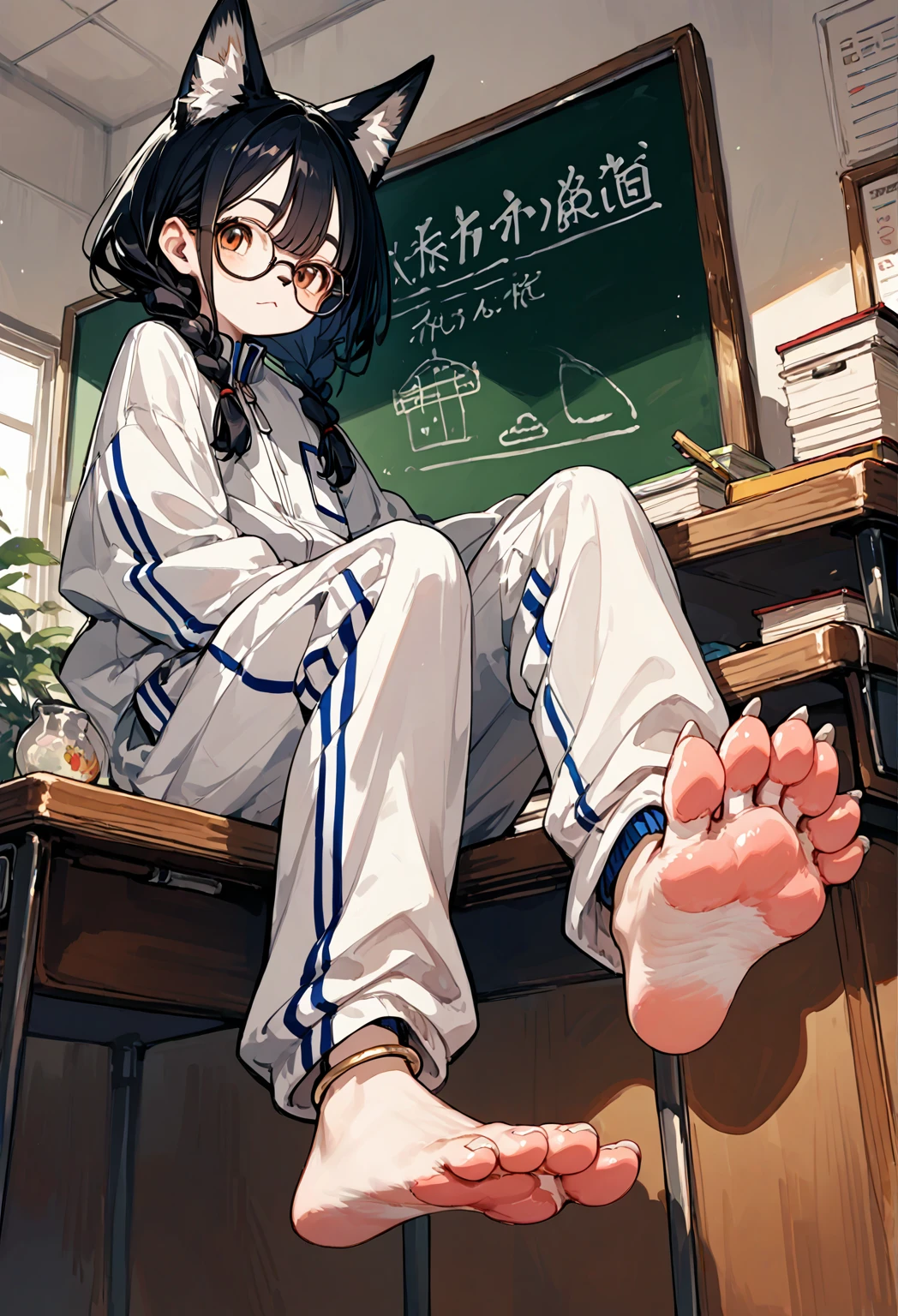 score_9, score_8_up, score_7_up, score_6_up,score_5_up, source_anime, source_furry, anthro, hadrian, solo, black hair,baggy blue and white track suit,baggy blue and white track pants,glasses,black hair,low twin braids, ,desk,sitting on desk,foot up,barefoot,soles,foot focus, furry female, fox girl,paw_sloe,sharp_toenails, pawpads, from below,anklet,bare legs,chalkboard,