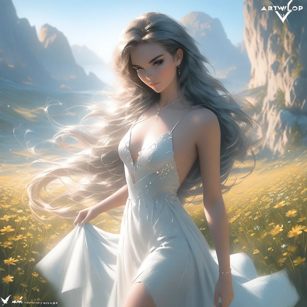 A beautiful young woman with long flowing hair, wearing a flowing white dress, standing in a field of wildflowers, soft lighting, romantic atmosphere, dreamy and ethereal, art by Artgerm and WLOP, trending on artstation