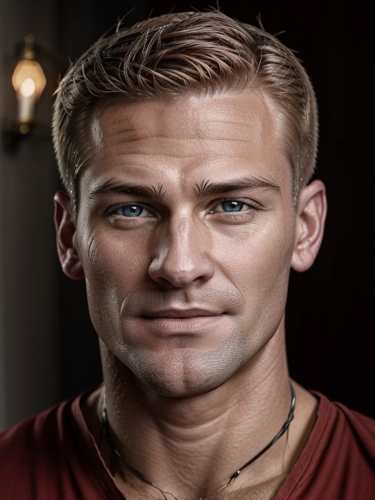 Muscular, with a carefully shaved face, without beard or mustache, handsome, naked blond centurion of the Roman army, 45 years old. He fucks in the ass a red-haired slave boy, 16 years old, poorly dressed, who is in love with him. . There is joy and pleasure on the centurion's face