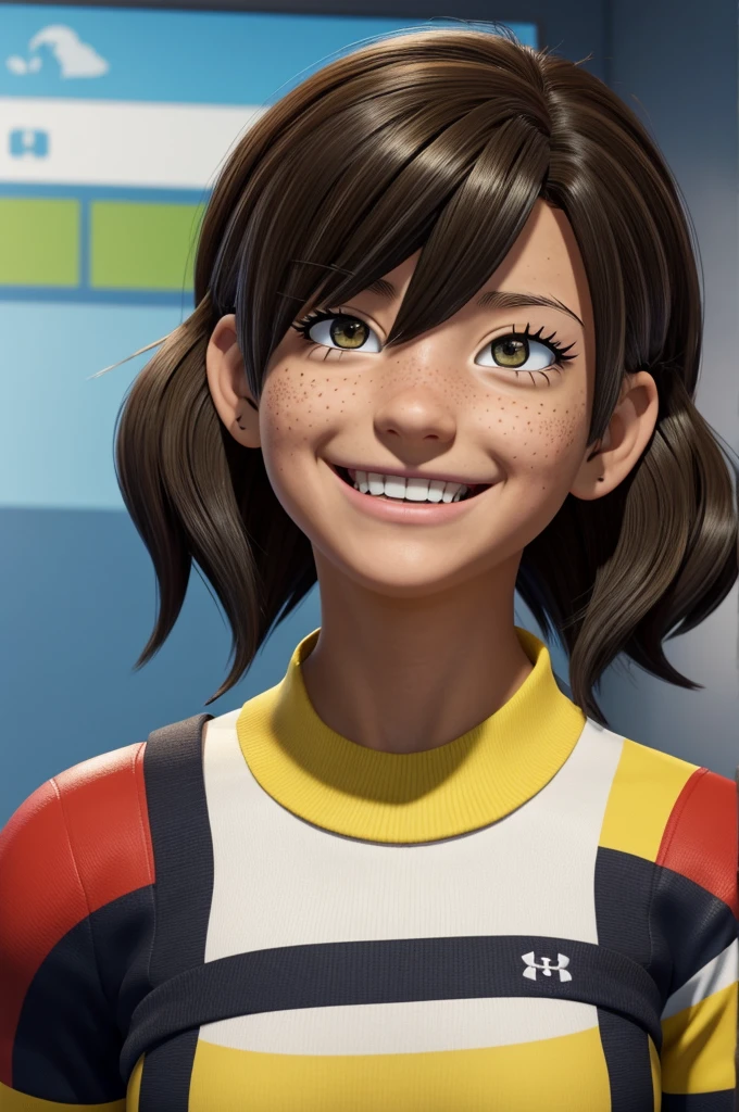 Captura de pantalla My hero academia 
Chica de cabello negro largo y ondulado, Light brown eye color, With small freckles, blanquita, delgada y con un buen cuerpo , with a cheerful expression. Lleva puesto el uniforme de la UA y de fondo tiene una clase escolar de la UA 