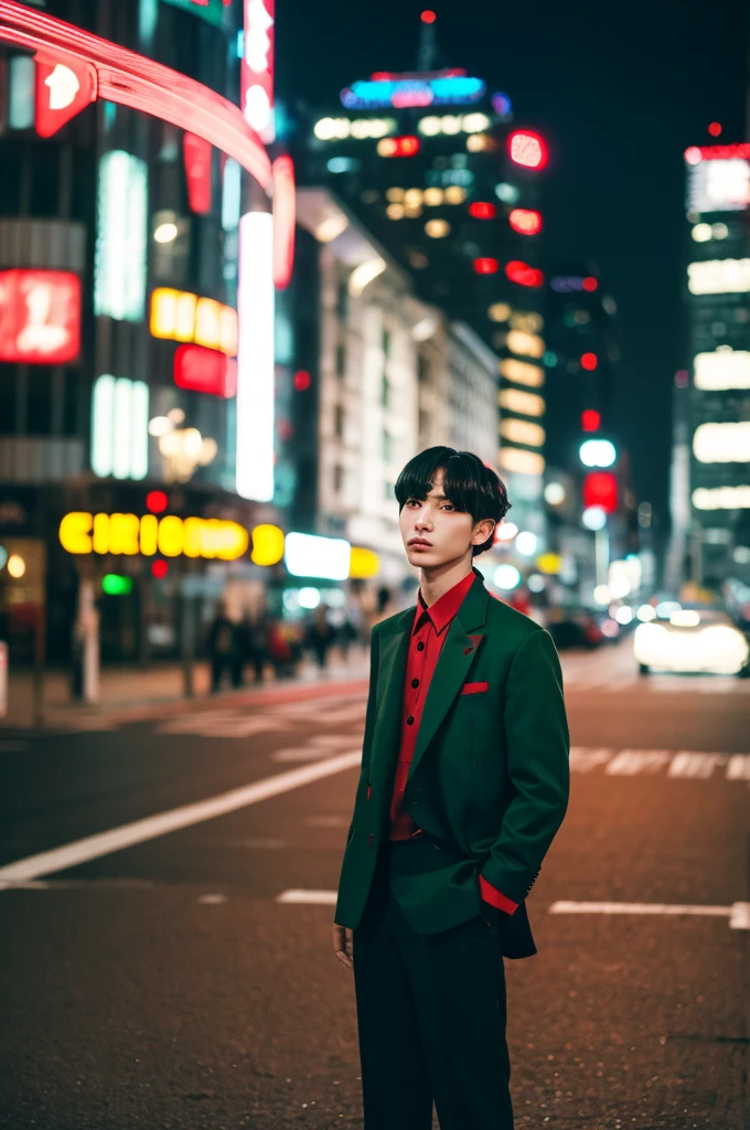 Character boy, Short Dreadlocks hair, Half black and Red hair color, Light green eye, wearing white suit, night city, high res, ultarsharp, 8K, masterpiece, looking form behind