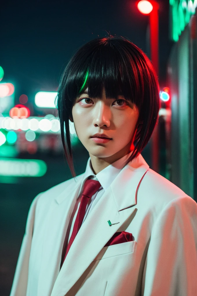 Character boy, Short Dreadlocks hair, Half black and Red hair color, Light green eye, wearing white suit, night city, high res, ultarsharp, 8K, masterpiece, looking form behind