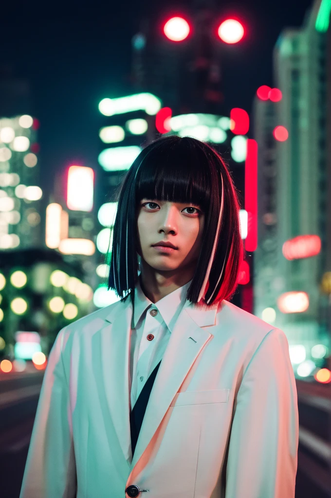 Character boy, Short Dreadlocks hair, Half black and Red hair color, Light green eye, wearing white suit, night city, high res, ultarsharp, 8K, masterpiece, looking form behind